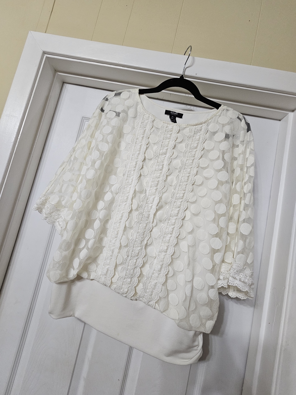 Alfani Cream Polka Dot Lace-Trim Blouse
